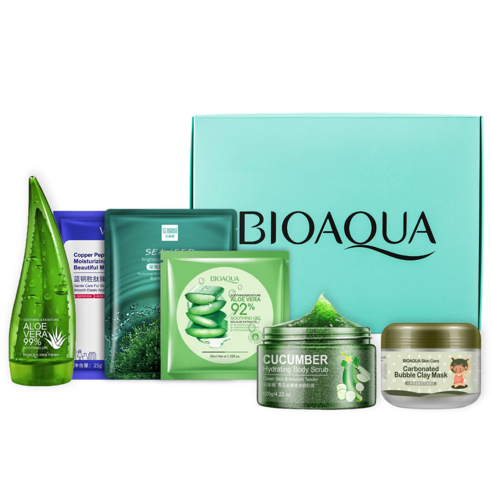 Подарунковий набір BIOAQUA: гель Aloe Vera 99%, карбонатна маска для обличчя, скраб для тіла з огірком, 3 тканеві маски